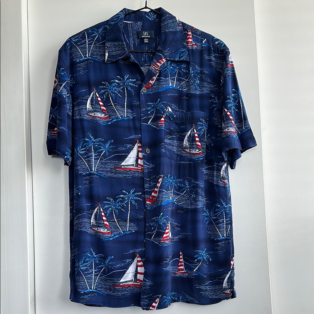 George Blue and Red Casual Button Down Shirt Nautical Design